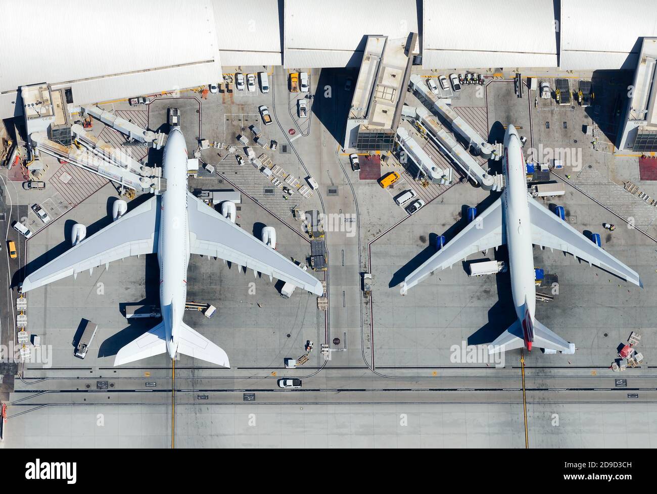 Aerial view of Tom Bradley International Terminal with two quadrijets airplanes side by side. TBIT Terminal at LAX Airport. Quadrijet aircraft. Stock Photo