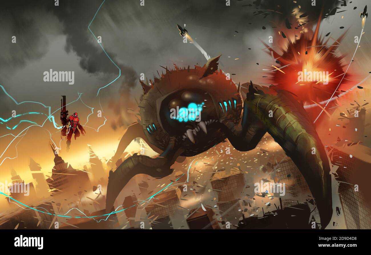 Giant Robot Attacking a City 21 Stock Illustration