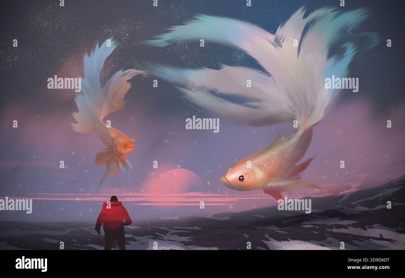 Digital illustration painting design style a man standing on the snow mountain, against giant Betta fishes flying in the sunset sky. Stock Photo