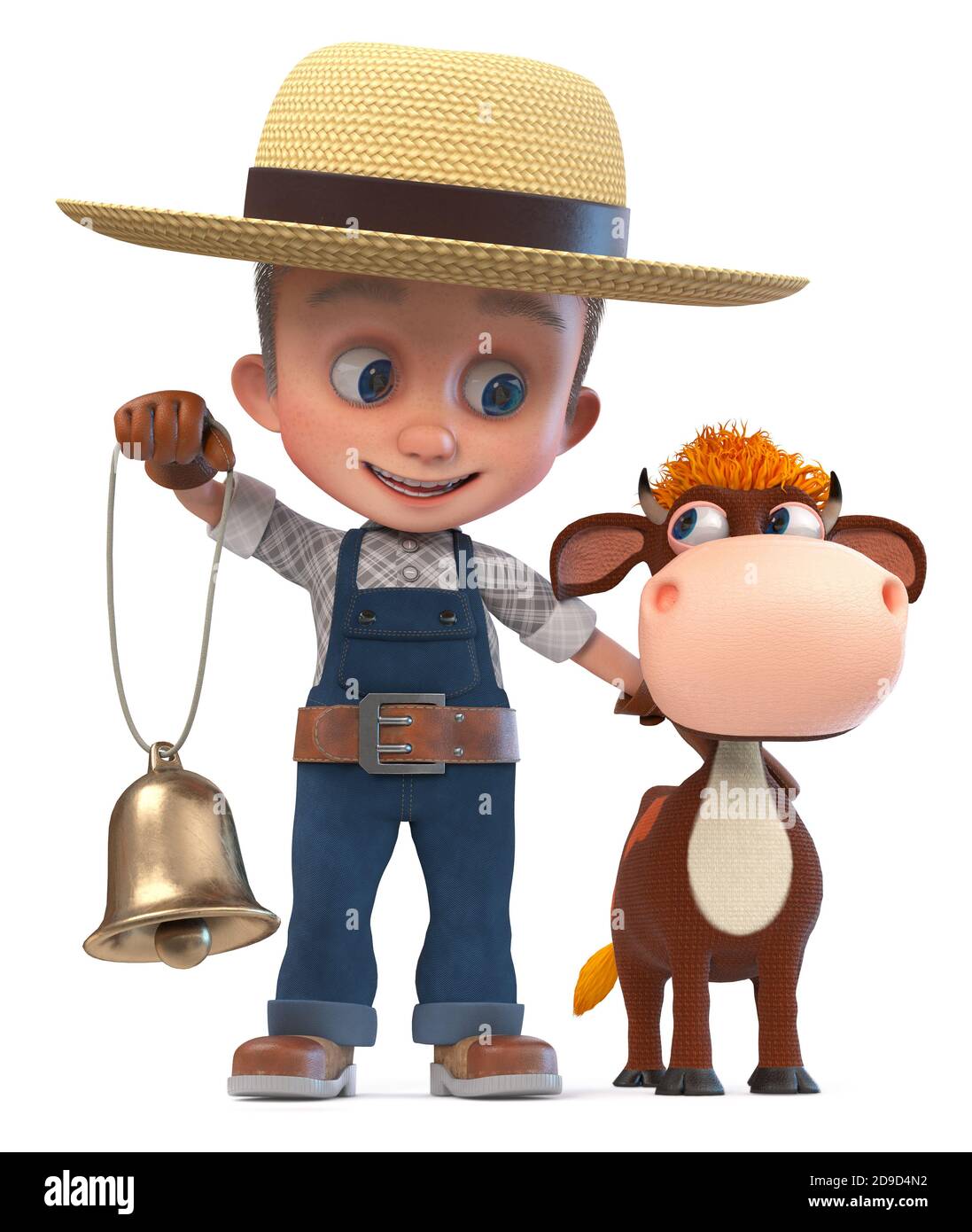 3D illustration child in a straw hat is engaged in animal husbandry Stock Photo