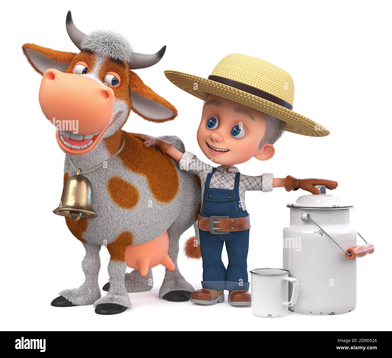 3D illustration child in a straw hat is engaged in animal husbandry Stock Photo