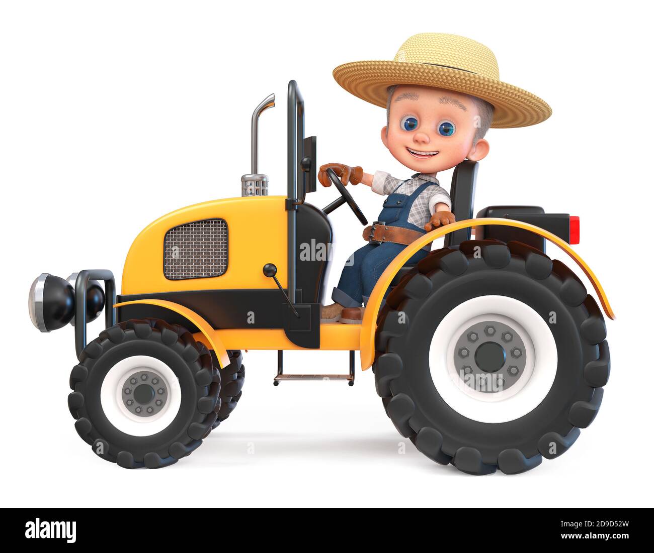 3D illustration a small farmer in overalls cultivates the land Stock Photo