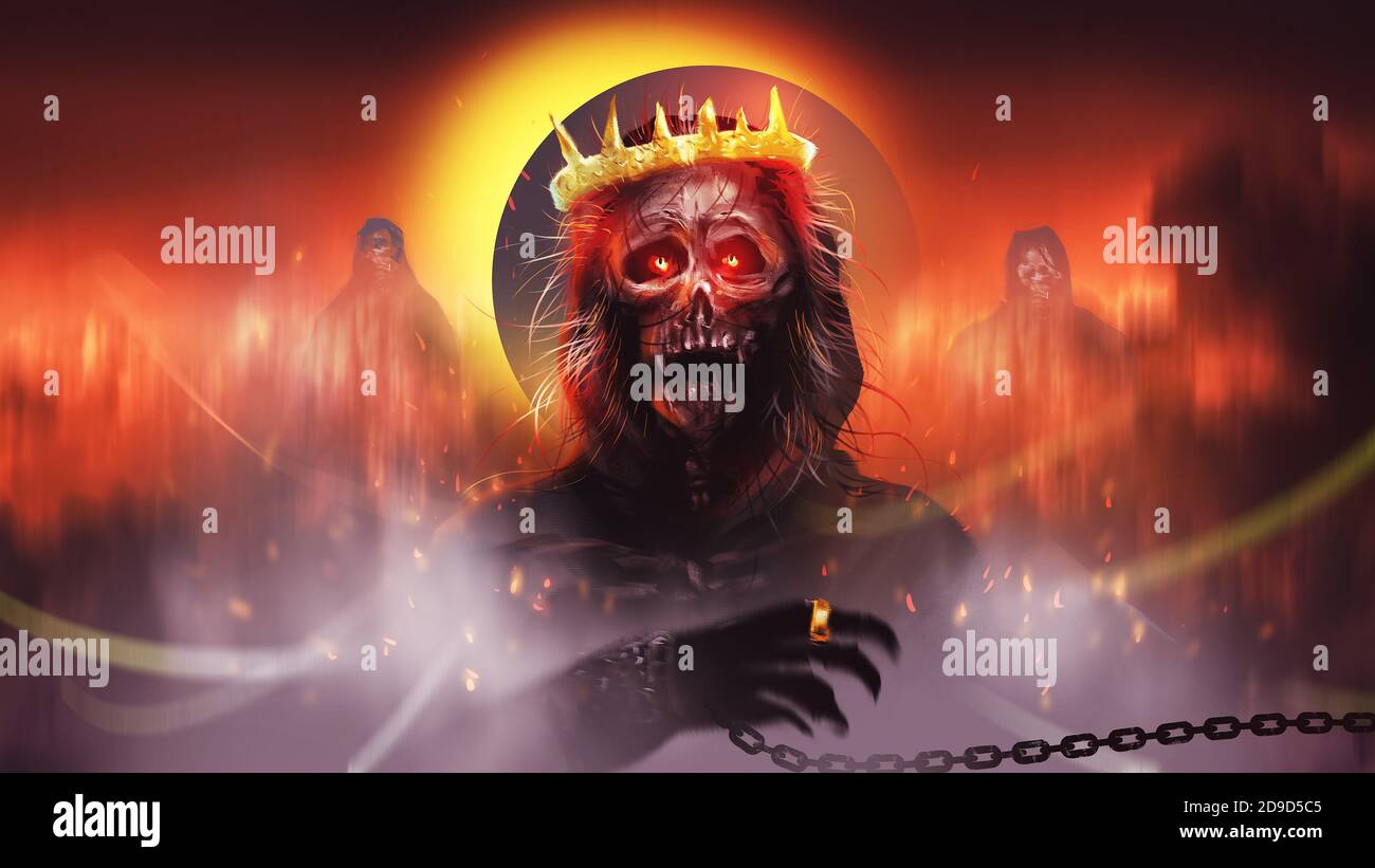 Digital illustration painting design style The hell king, ghost master in hell against blood eclipse. Stock Photo