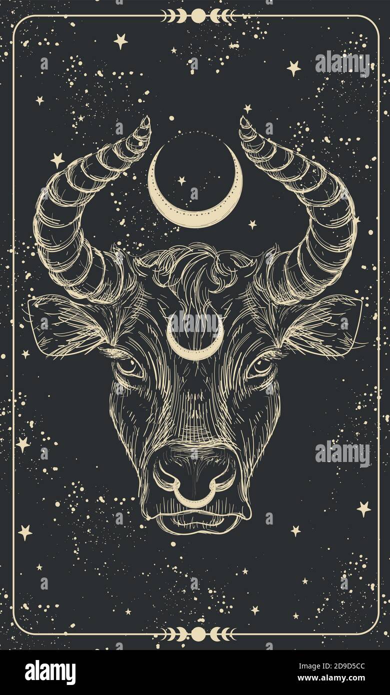 Happy New Year 2021 of the Ox, Ox-Taurus. Linear drawing on a black background, tarot, tattoo, chinese horoscope, astrology and zodiac signs. Vector illustration for poster, cover, calendar, logo Stock Vector