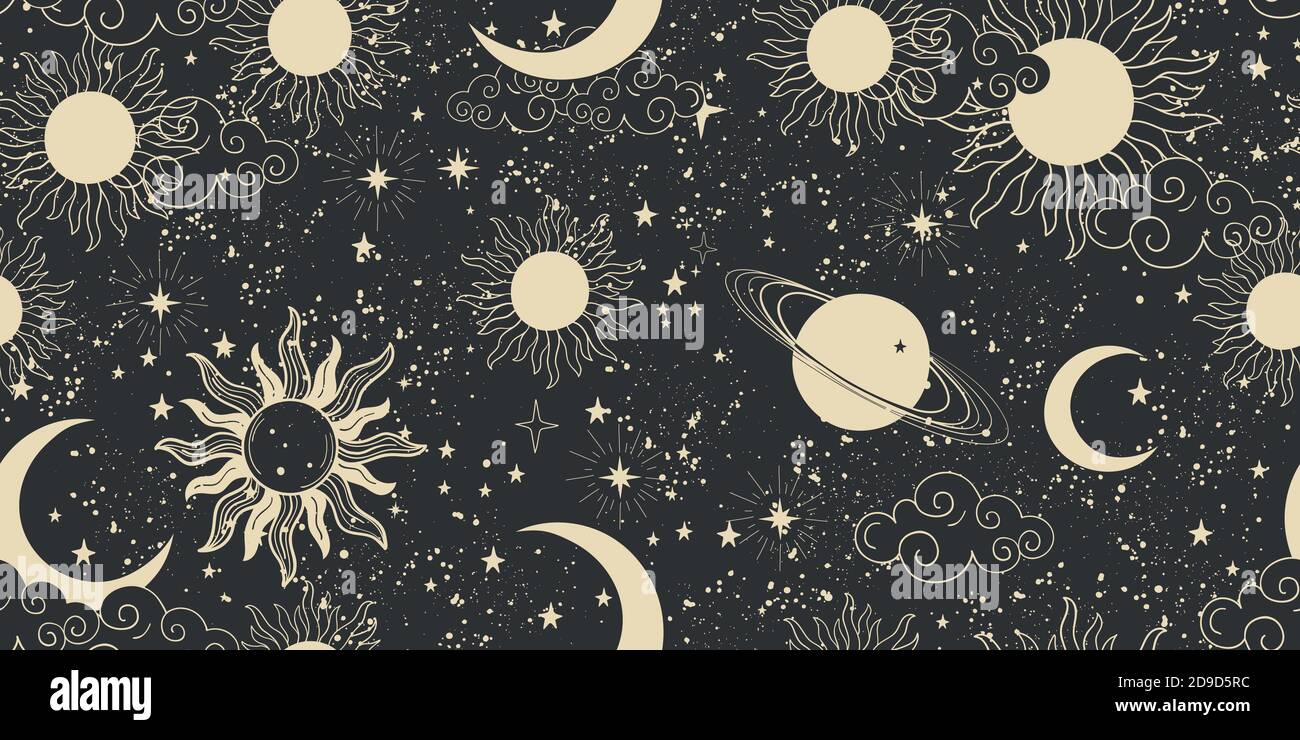 Seamless black space pattern with sun, crescent and stars on a blue  background. Mystical ornament of the night sky for wallpaper, fabric,  astrology, fortune telling. Vector illustration Stock Vector Image & Art -