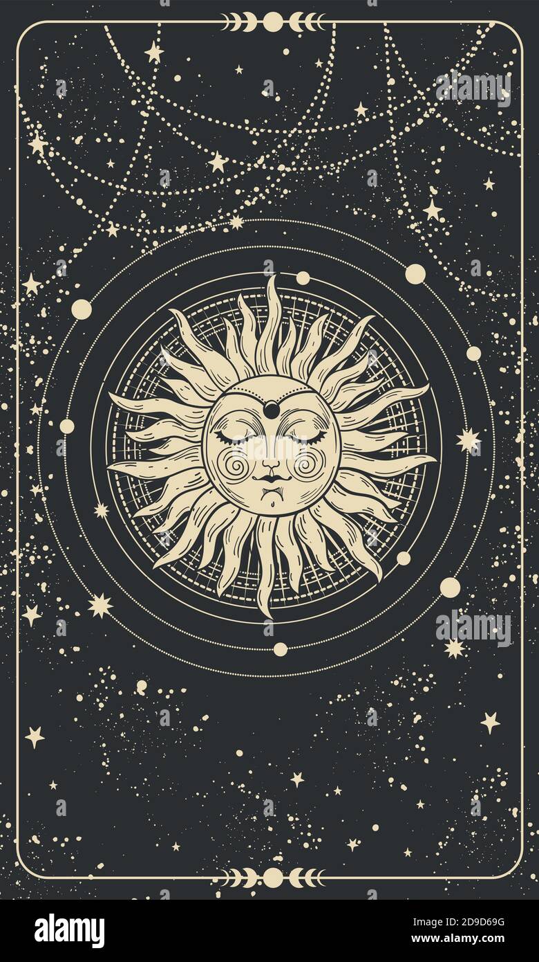 Mystical drawing of the sun with a face, tarot cards, boho illustration, magic card. Golden sun with closed eyes on a black background with stars. Vector hand drawing Stock Vector