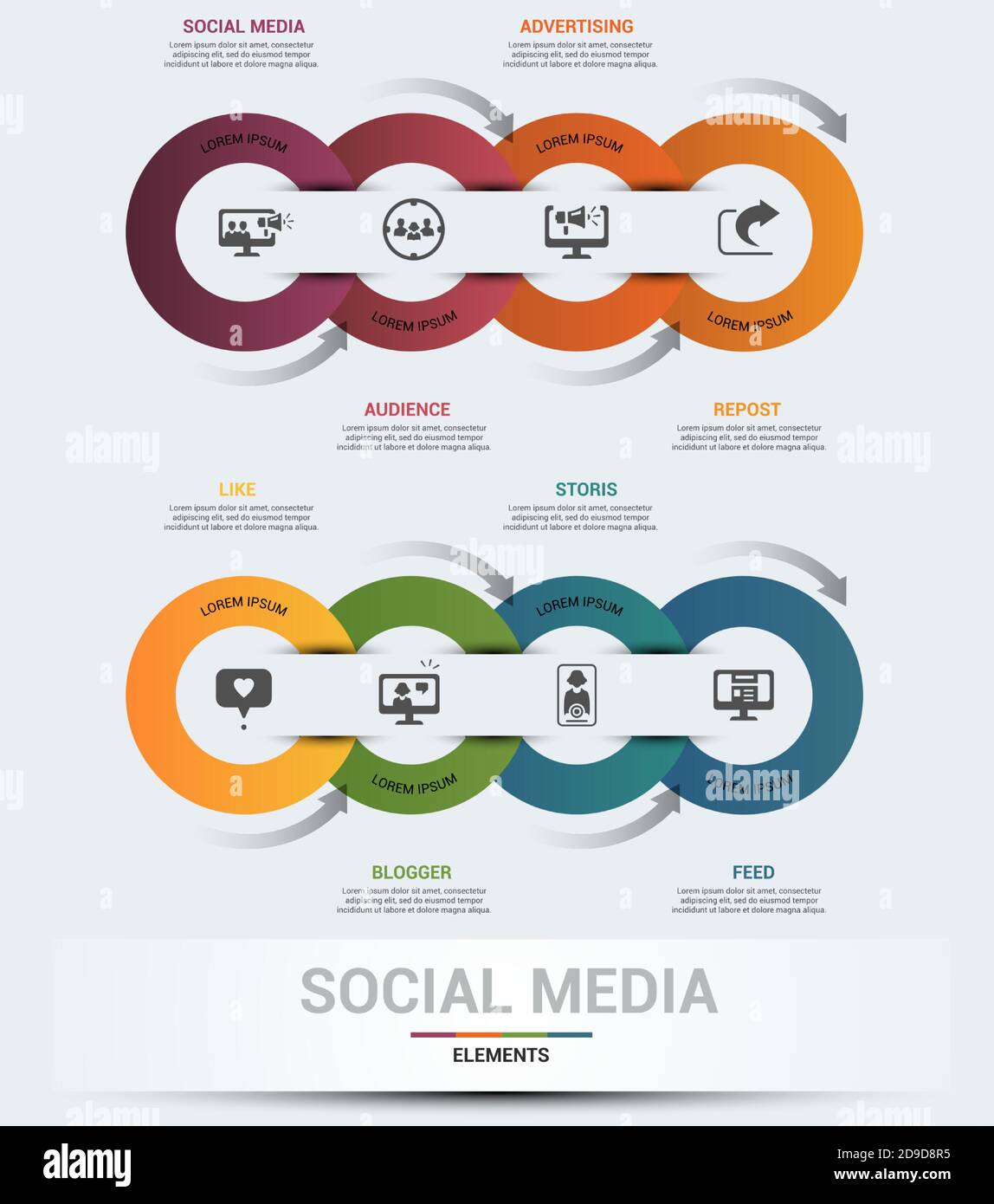 Infographic Social Media template. Icons in different colors. Include ...