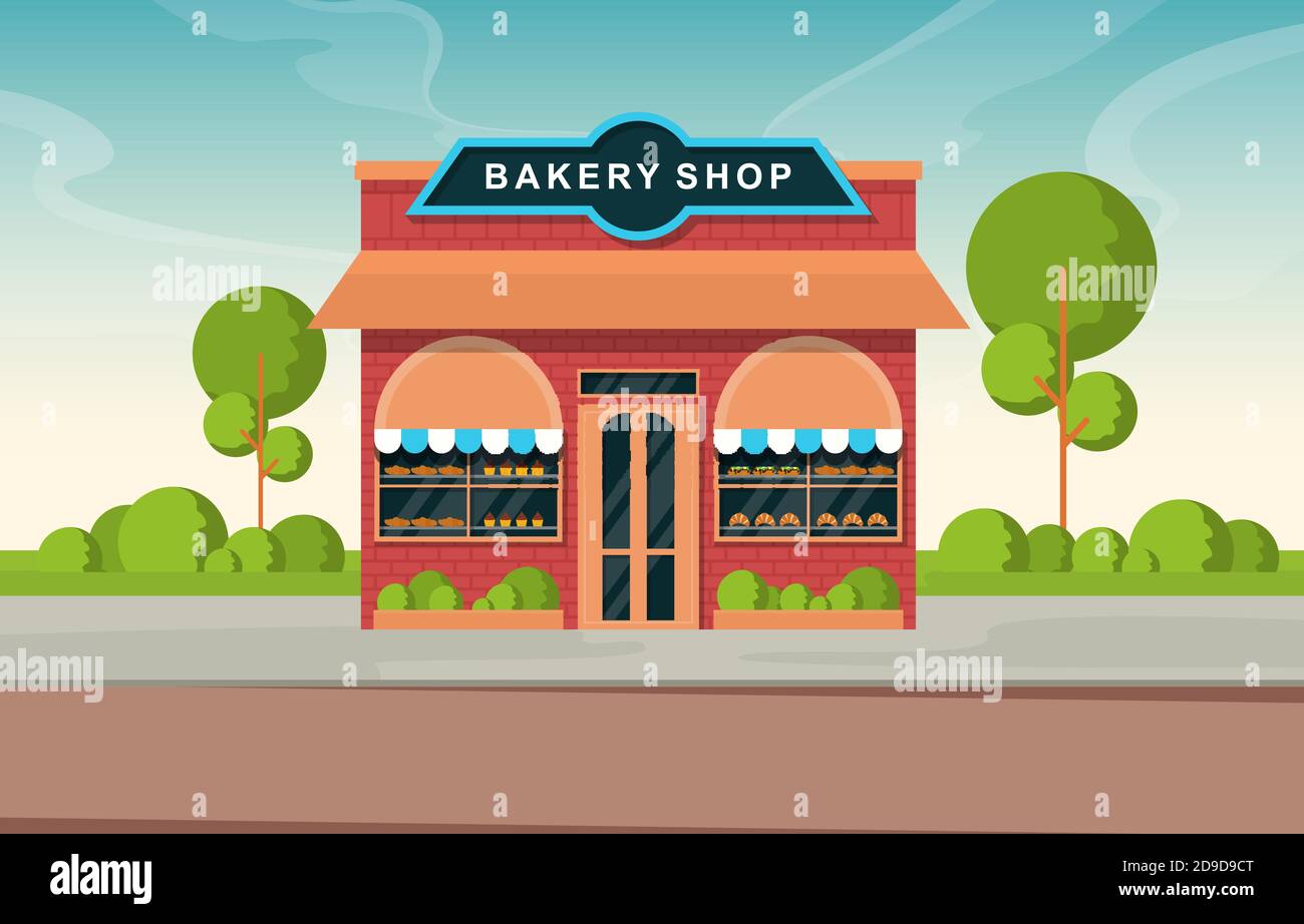 Showcase Bakery Shop Food Store Facade Street Cartoon Illustration Stock Vector