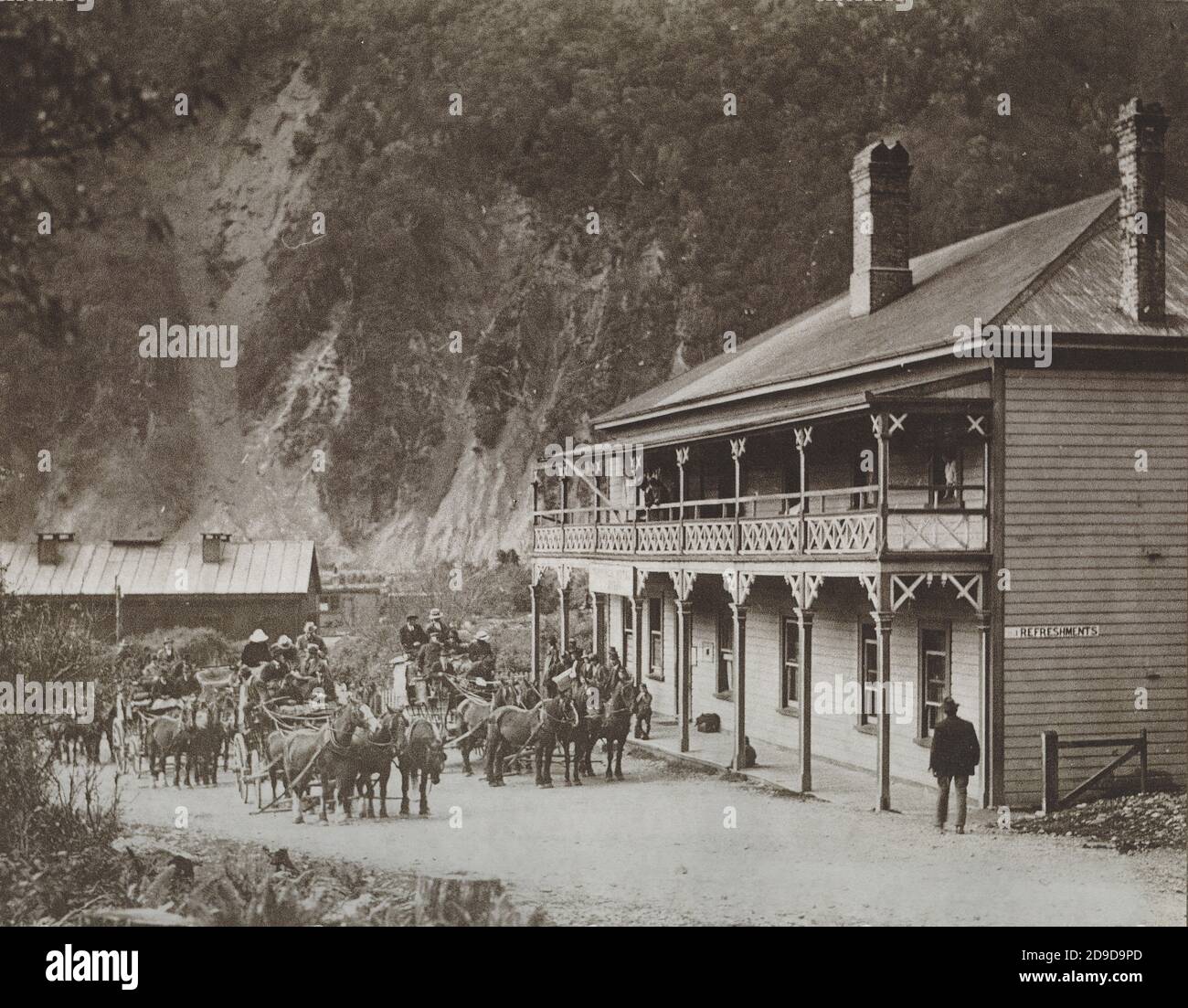 Stagecoaches are harnessed up at the Otira Hotel in March 1888, Westland, New Zealand Stock Photo