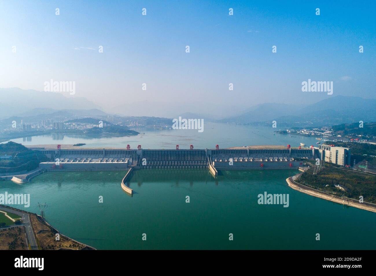 An aerial view of the Three Gorges Dam storing water to make the water levl reach the 175 meters, Yichang city, central China’s Hubei province, 26 Oct Stock Photo