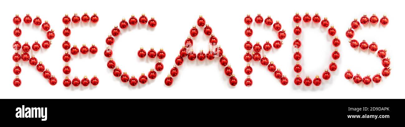 Red Christmas Ball Ornament Building Word Regards Stock Photo