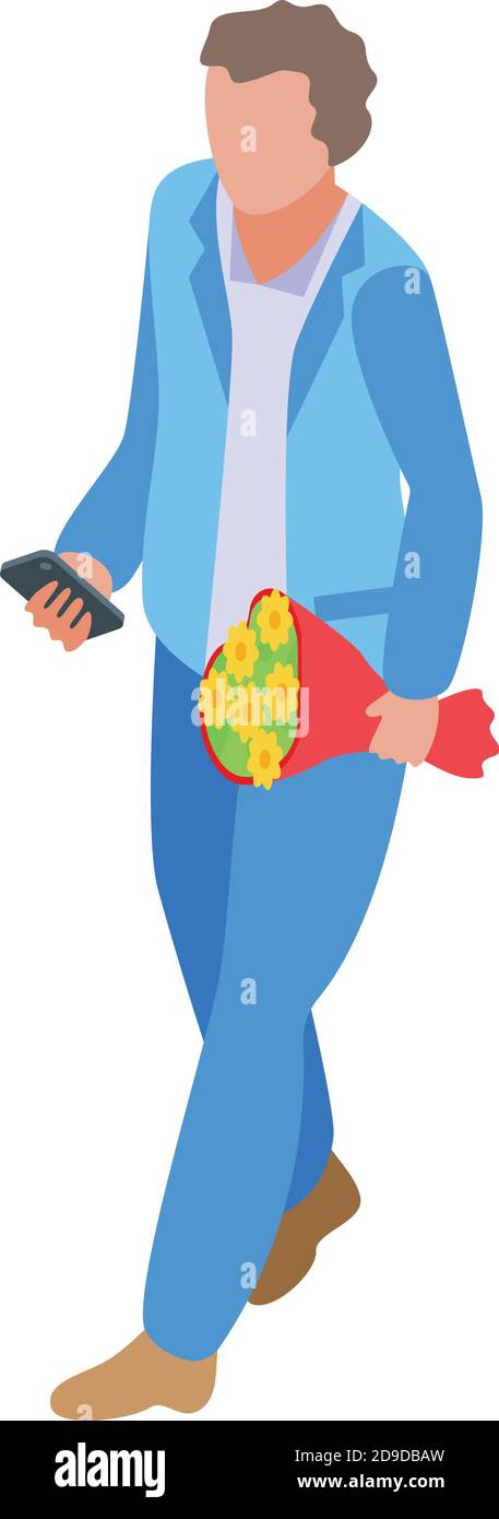 Online dating man with flower bouquet icon. Isometric of online dating man with flower bouquet vector icon for web design isolated on white background Stock Vector