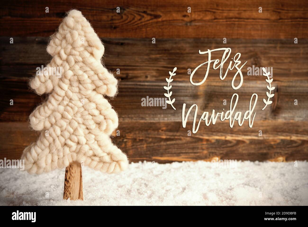 Fabric Christmas Tree, Snow, Feliz Navidad Means Merry Christmas Stock Photo