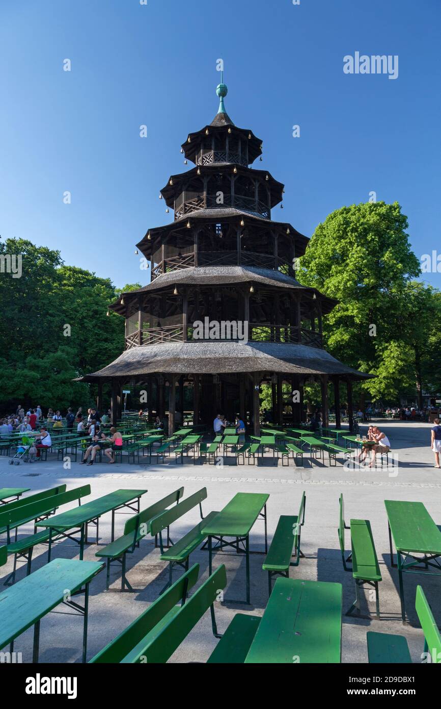 geography / travel, Germany, Bavaria, Munich, beer garden and Chinese tower in the English garden, Mu, Additional-Rights-Clearance-Info-Not-Available Stock Photo