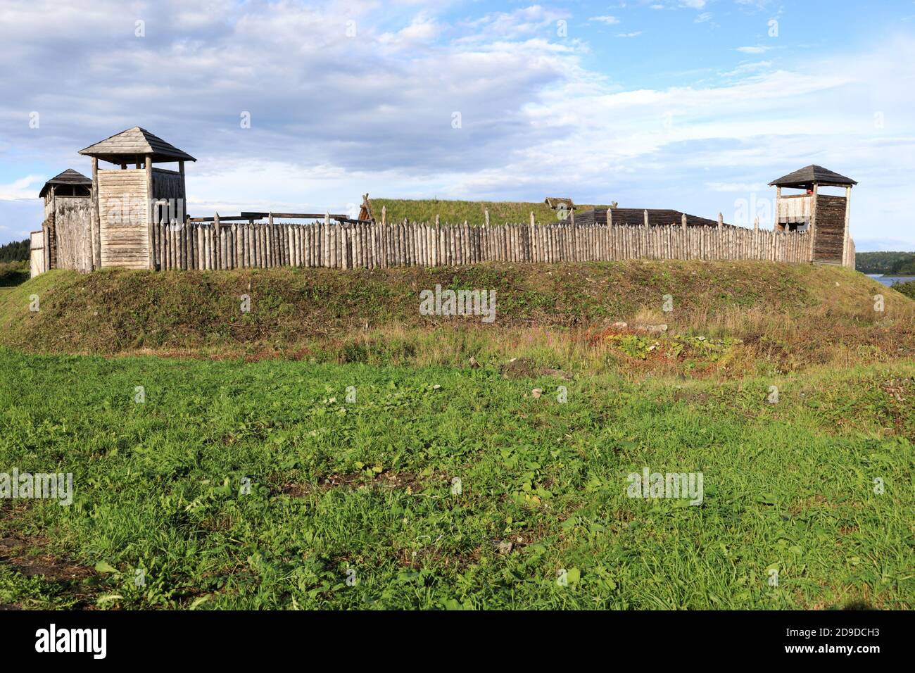 View of viking village towers with palisade, Karelia Stock Photo Alamy