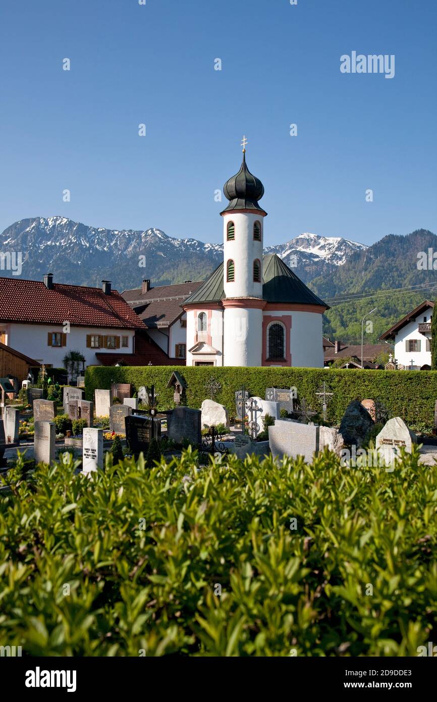 geography / travel, Germany, Bavaria, Schlehdorf, cemetery chapel in Schlehdorf in front of Herzogstan, Additional-Rights-Clearance-Info-Not-Available Stock Photo
