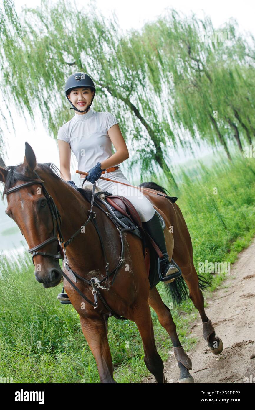 Chinese young woman riding horse hires stock photography and images