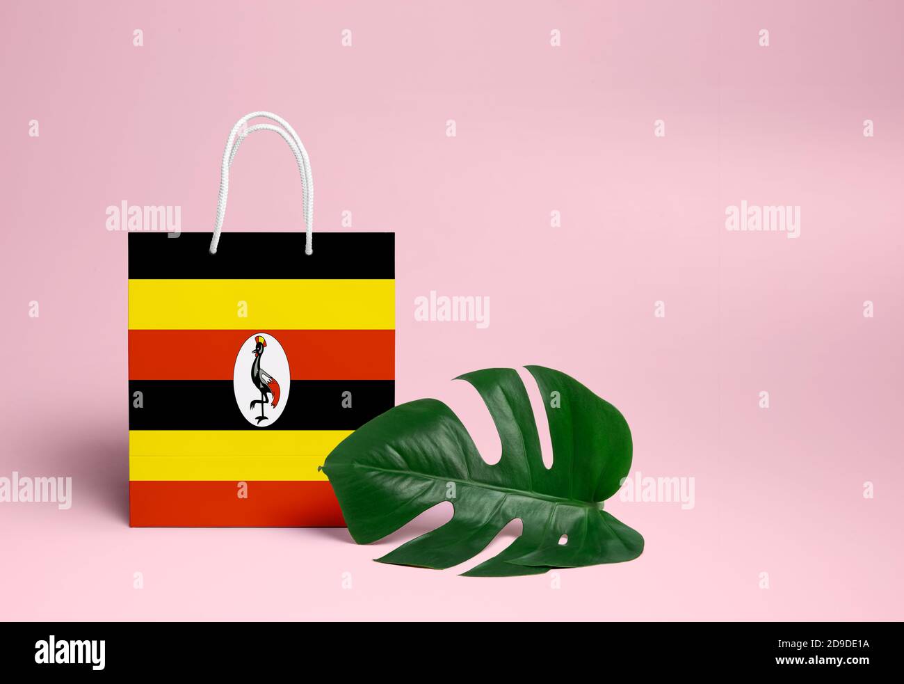 Uganda shopping concept. National cardboard shopping bag with monstera
