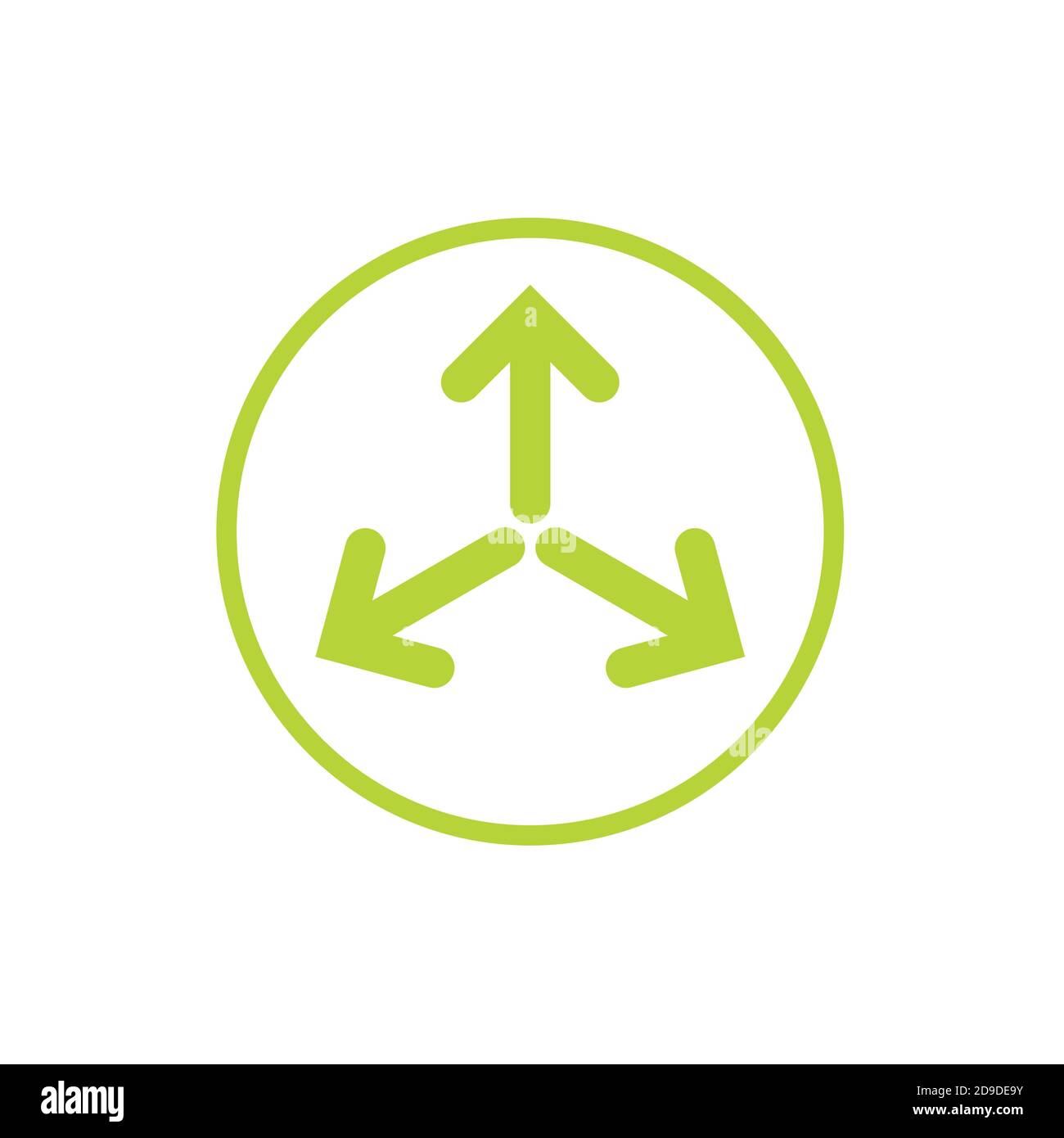 Three green arrows point out from the center in circle. Expand Arrows icon. Outward Directions icon. Vector illustration. Isolated on white. Bright gr Stock Vector