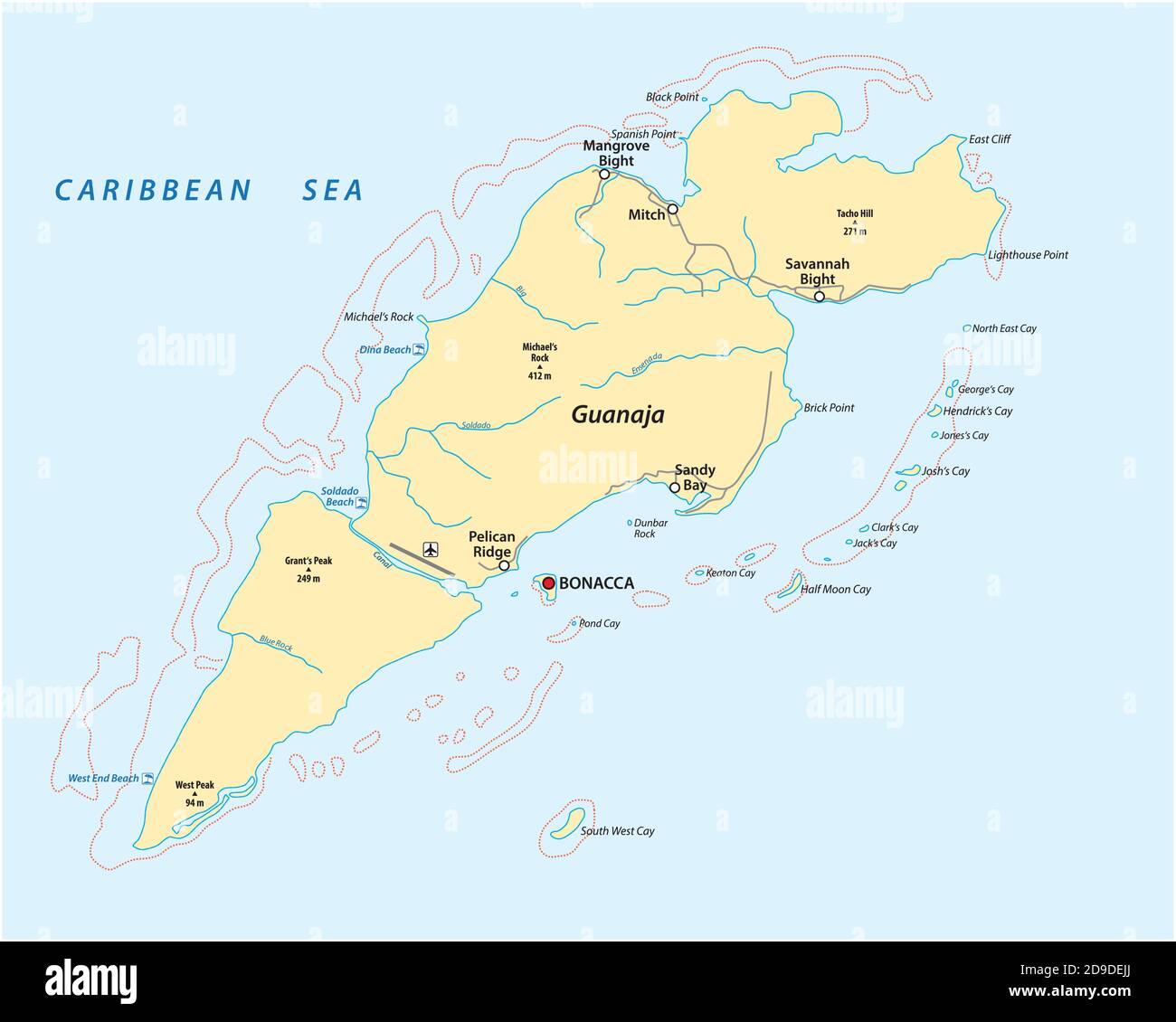 vector map of the Honduran Caribbean island of Guanaja, Honduras Stock Vector