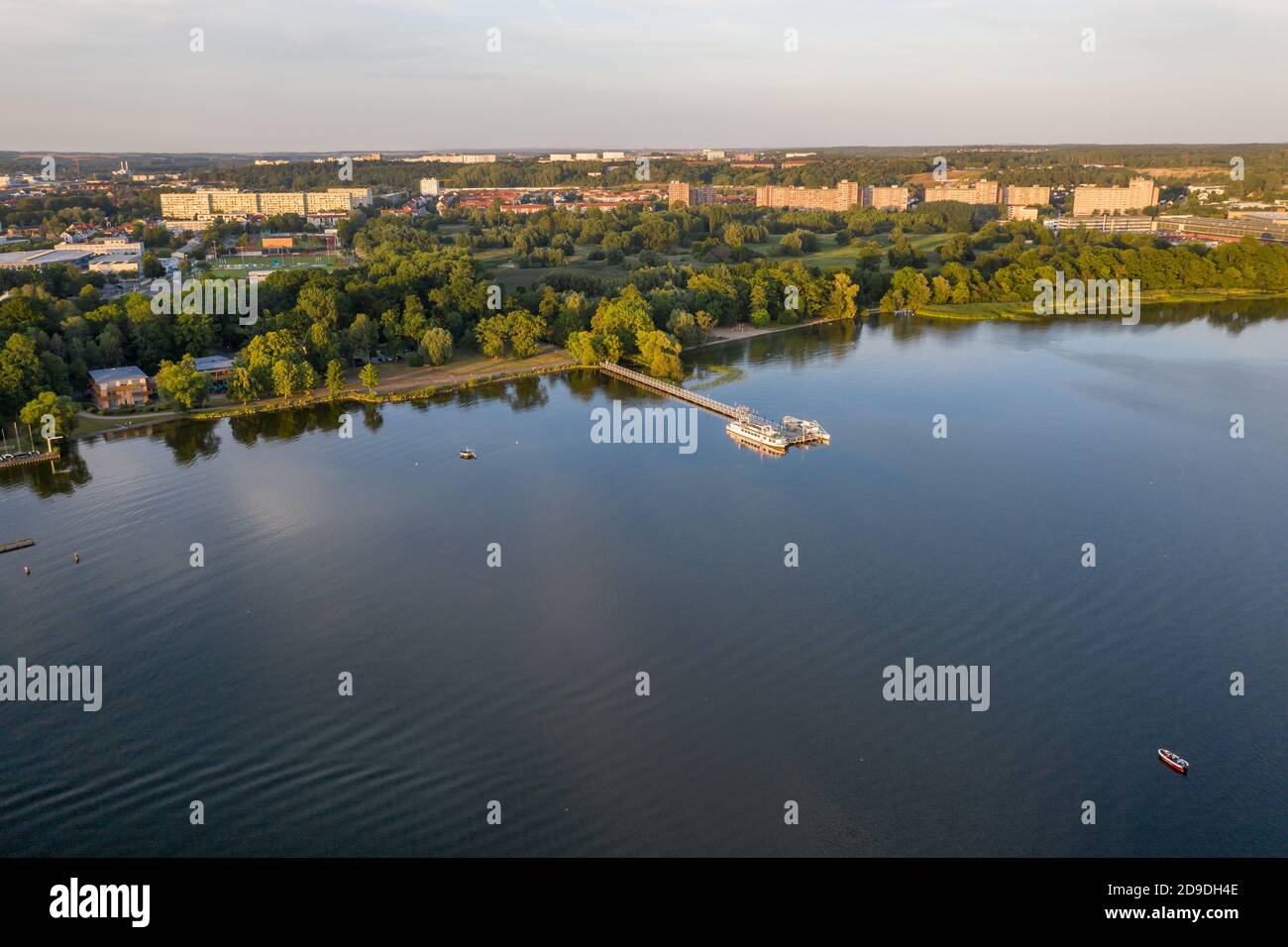 aerial view of Tollensesee lake with landing stage in Neubrandenburg Stock Photo