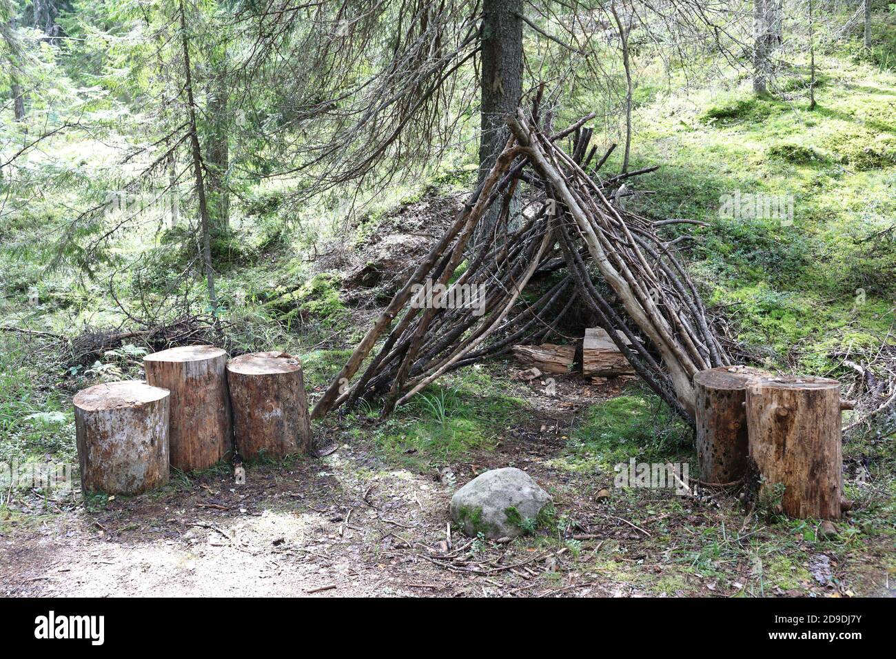 Little hut in the summer forest, Karelia Stock Photo