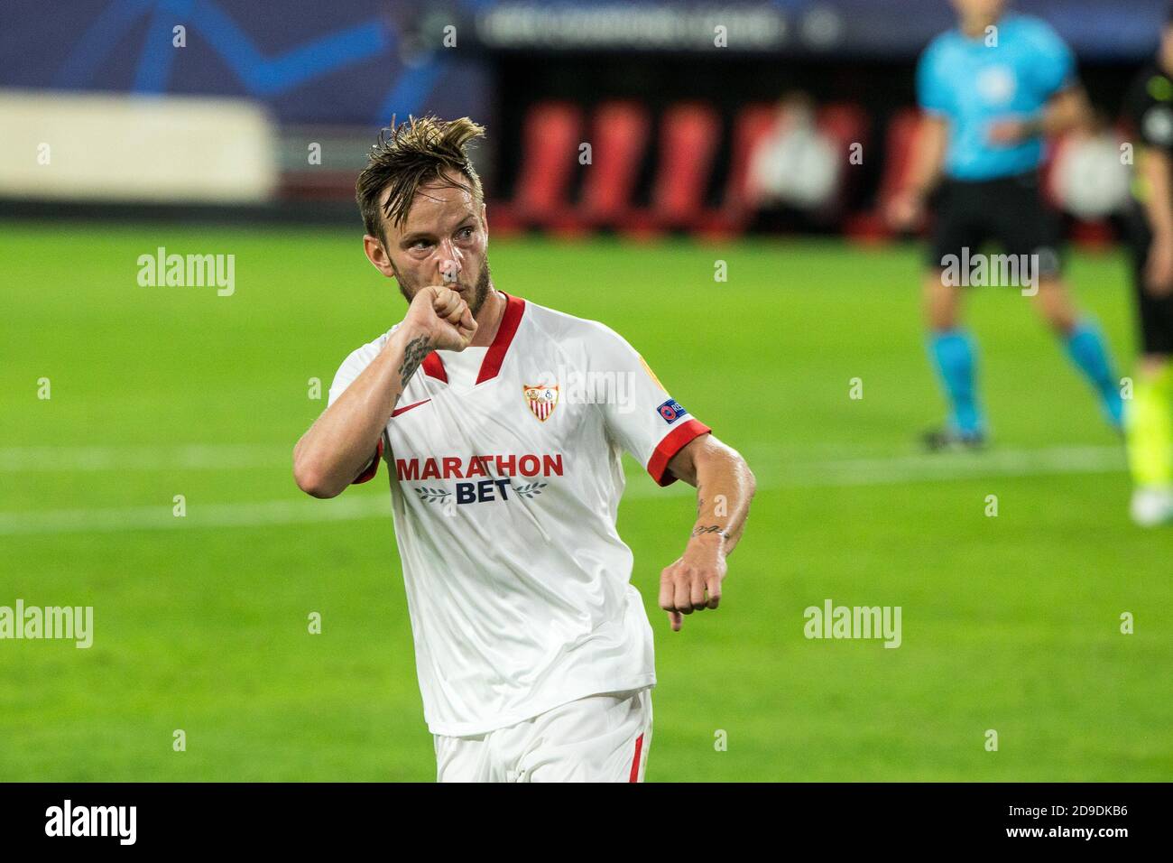 Ivan Rakitic of Sevilla celebrates after his goal during the UEFA Champions League, Group Stage, Group E football match between Sevilla FC and FK Kr P Stock Photo