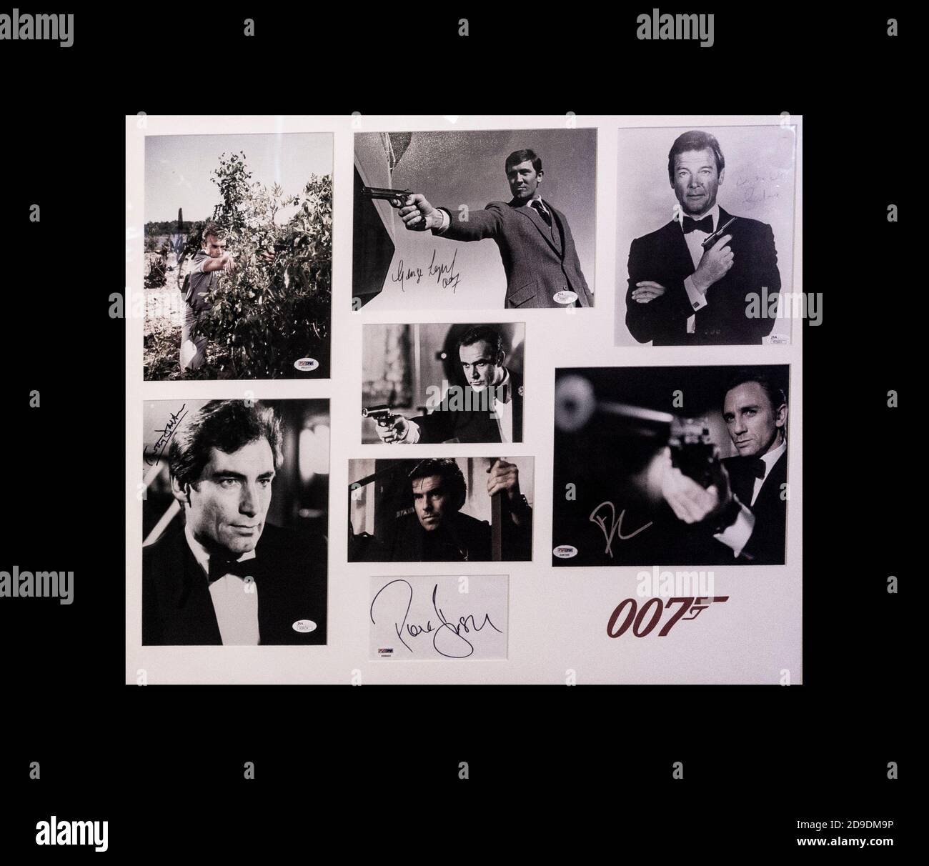 Autographed photographs of James Bond actors: Sean Connery, George Lazenby,Roger Moore,Danaiel Craig, Pierce Brosnan and Timothy Dalton. Stock Photo