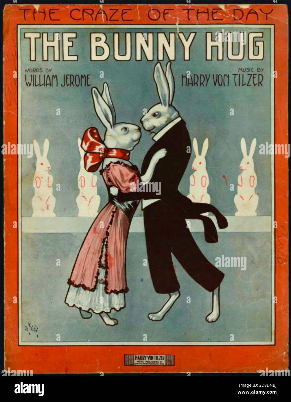 The Bunny Hug - The craze of the day - colour enhanced.  Animals in human situations. Rabbits ballroom dancing, tuxedos courtship and love. Not PC. Stock Photo
