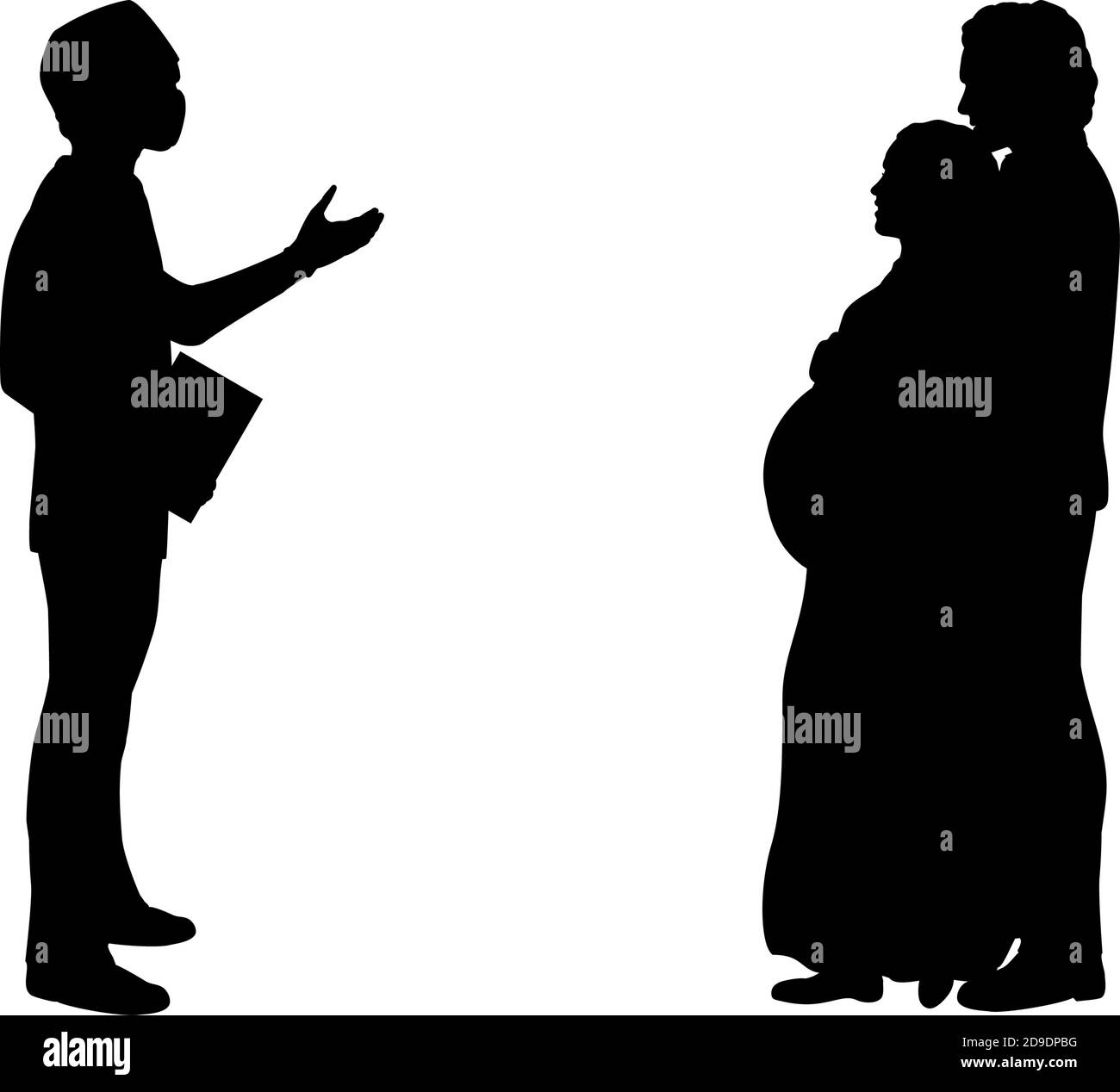 Silhouettes of doctor and young couple expecting baby Stock Vector