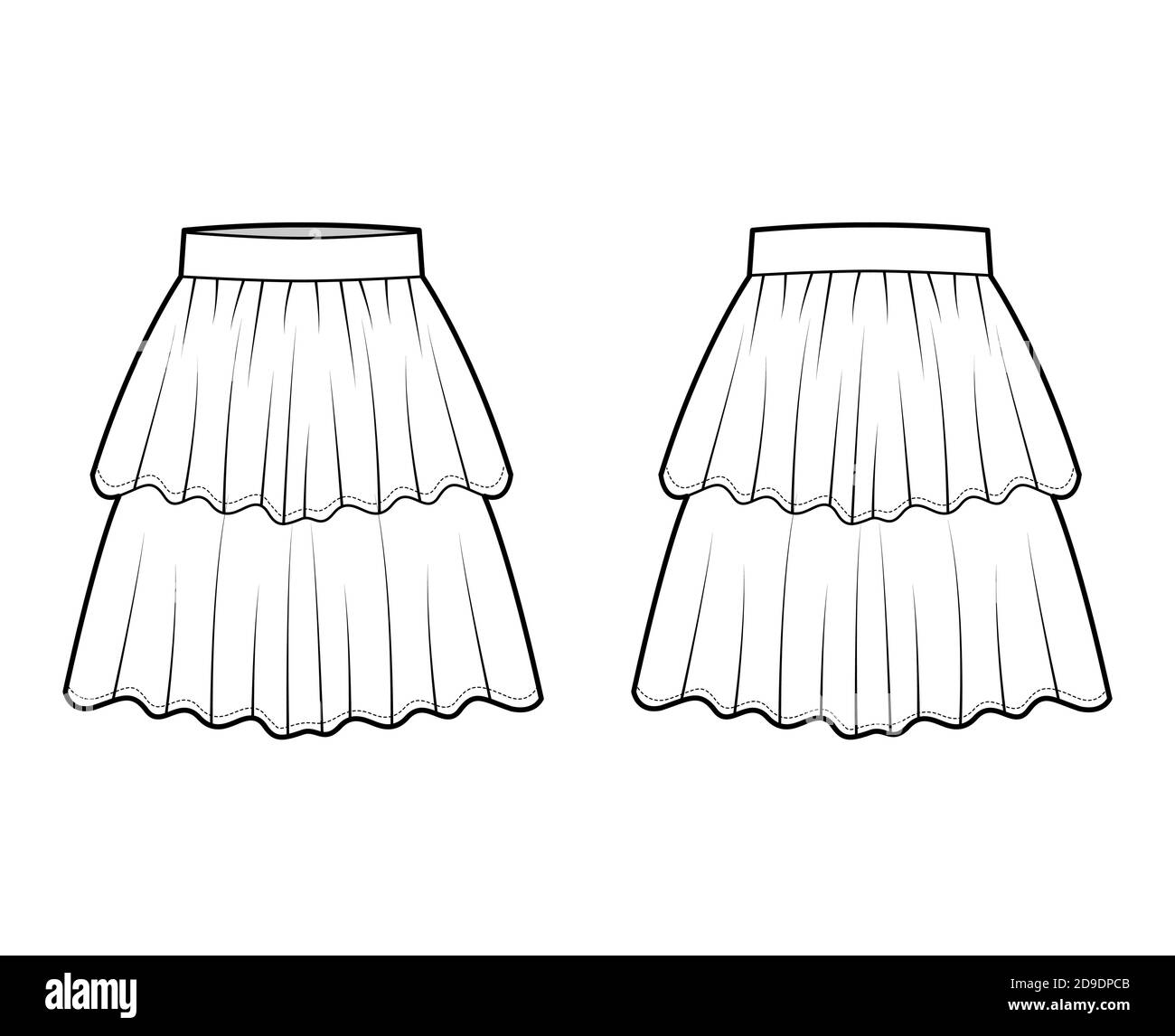 Skirt layered flounce technical fashion illustration with knee length ...