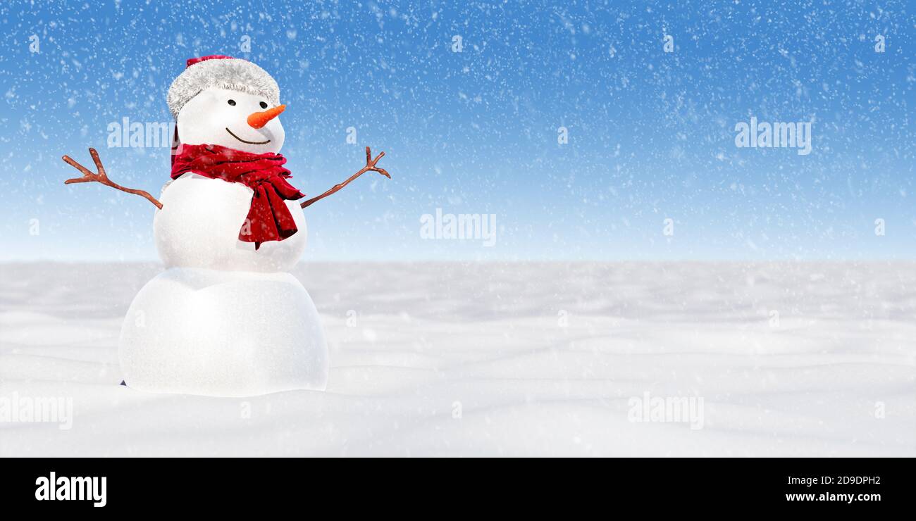 Christmas and winter holidays greeting card template with snowman and copy space on the right, 3d rendering, 3d illustration Stock Photo