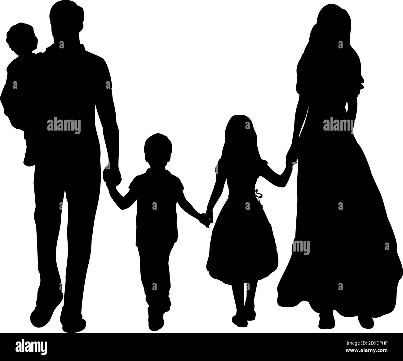 Family silhouettes father mother and three children from back Stock Vector