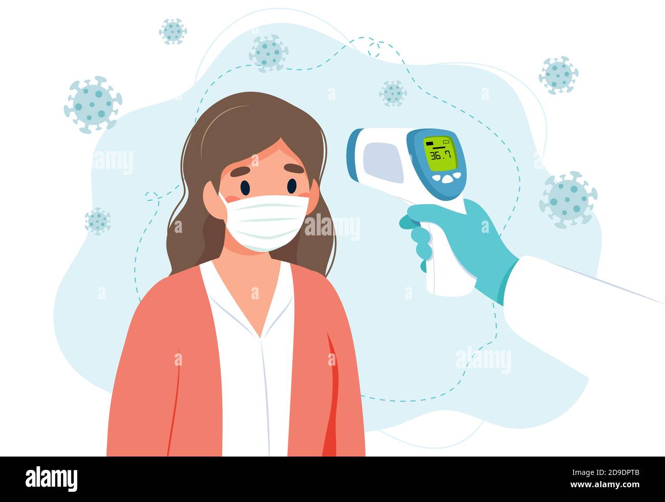 Body temperature check, woman is being checked with infrared thermometer. Stock Vector