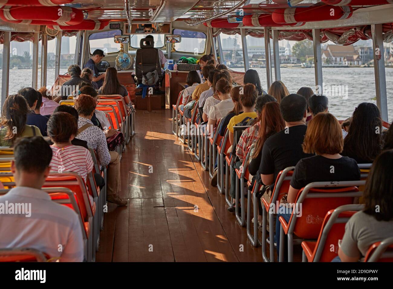 Bangkok, Thailand, March 2106. Inside a ship of Chao Phraya river public service boats. Stock Photo