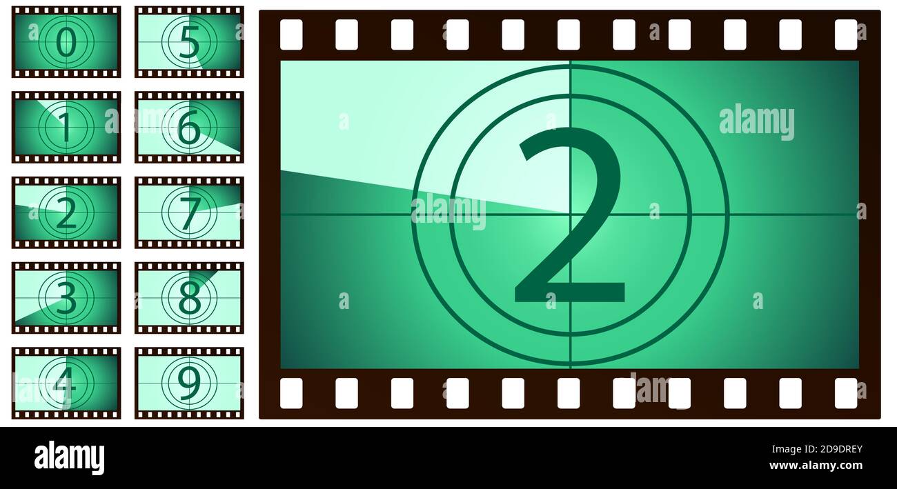 retro film countdown green on white background. Isolated vector objects. EPS 10 Stock Vector