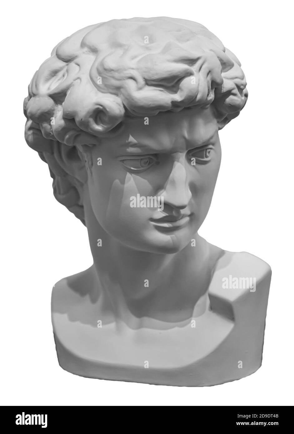 Headf of statue of David sculpture by Michelangelo. Antique marble face