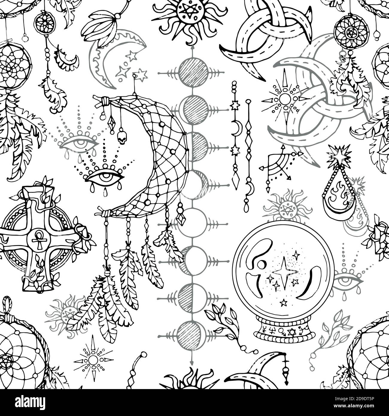 Seamless pattern with magic objects and spiritual design elements - dreamcatcher, crystal, moon phases. Mystic background for Halloween, esoteric, got Stock Vector