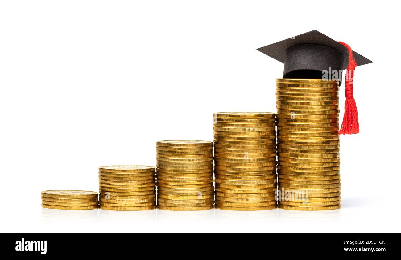 Stack of coins steps up and graduate hat. Concept is an expensive  education, investing in yourself. isolated on white background Stock Photo  - Alamy