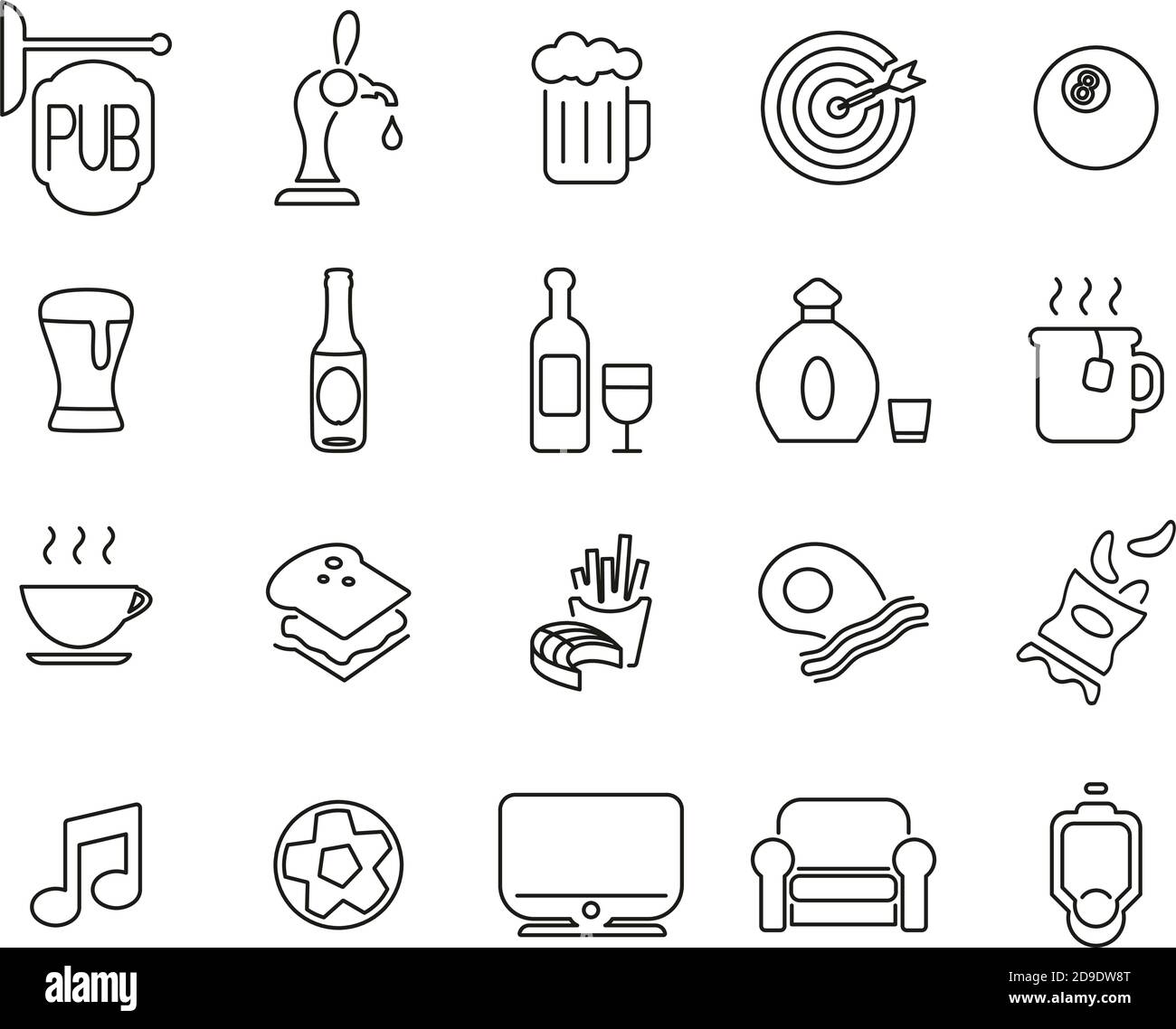 Pub Or Bar Icons Black & White Thin Line Set Big Stock Vector Image