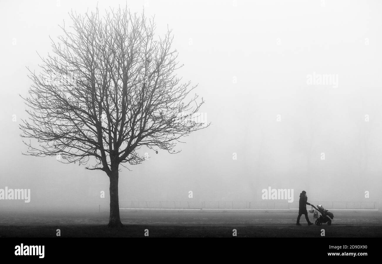 London, UK. 5th November 2020 Heavy early morning fog on Twickenham Green, West London creates a flat monochrome image on the first day of the second Covid-19 lockdown in England.   Andrew Fosker / Alamy Live News Stock Photo