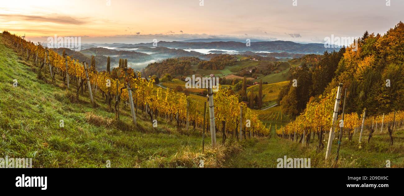 Autumn View from South Styrian route in Austria at hills in Slovenia during sunraise. Stock Photo