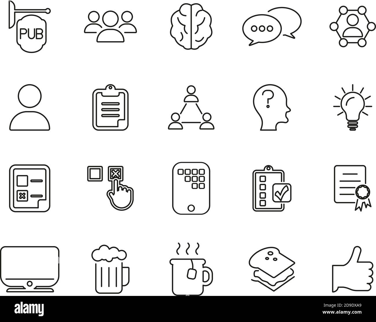 Pub Quiz Or Bar Quiz Icons Black & White Thin Line Set Big Stock Vector