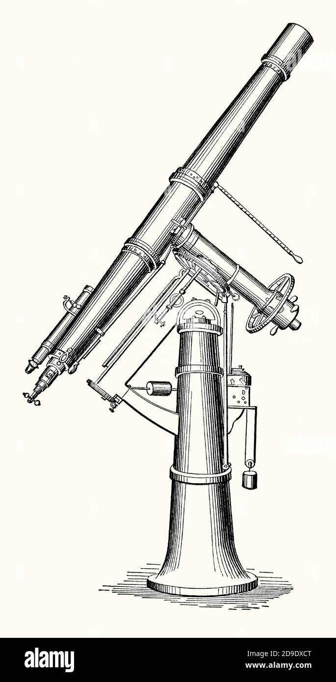 An old engraving of a large, refracting, astronomical telescope designed by Thomas Cooke in the 1800s. It is from a Victorian mechanical engineering book of the 1880s. Thomas Cooke (1807–1868) was a British scientific instrument maker based in York, England, UK. He founded T Cooke & Sons, a scientific instrument company. Cooke was one of the pioneers of making large telescopes in Britain. He successfully built a reputation for making them. He made a telescope for the Royal Observatory, Greenwich, London and another for Prince Albert. Stock Photo