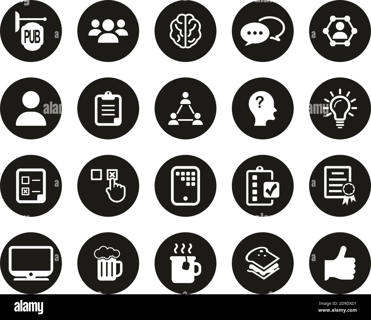 Pub Quiz Or Bar Quiz Icons White On Black Flat Design Circle Set Big