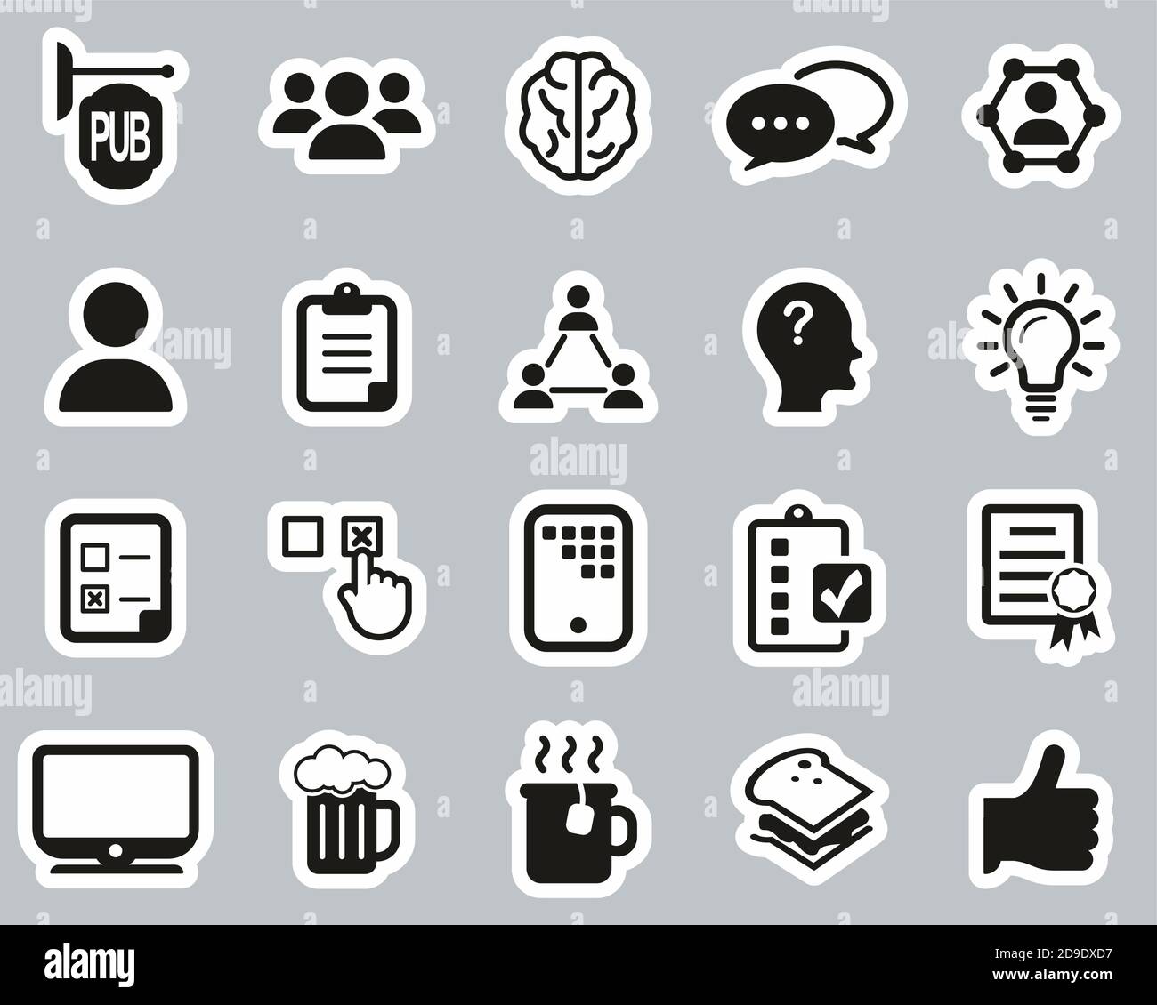 Pub Quiz Or Bar Quiz Icons Black & White Sticker Set Big Stock Vector