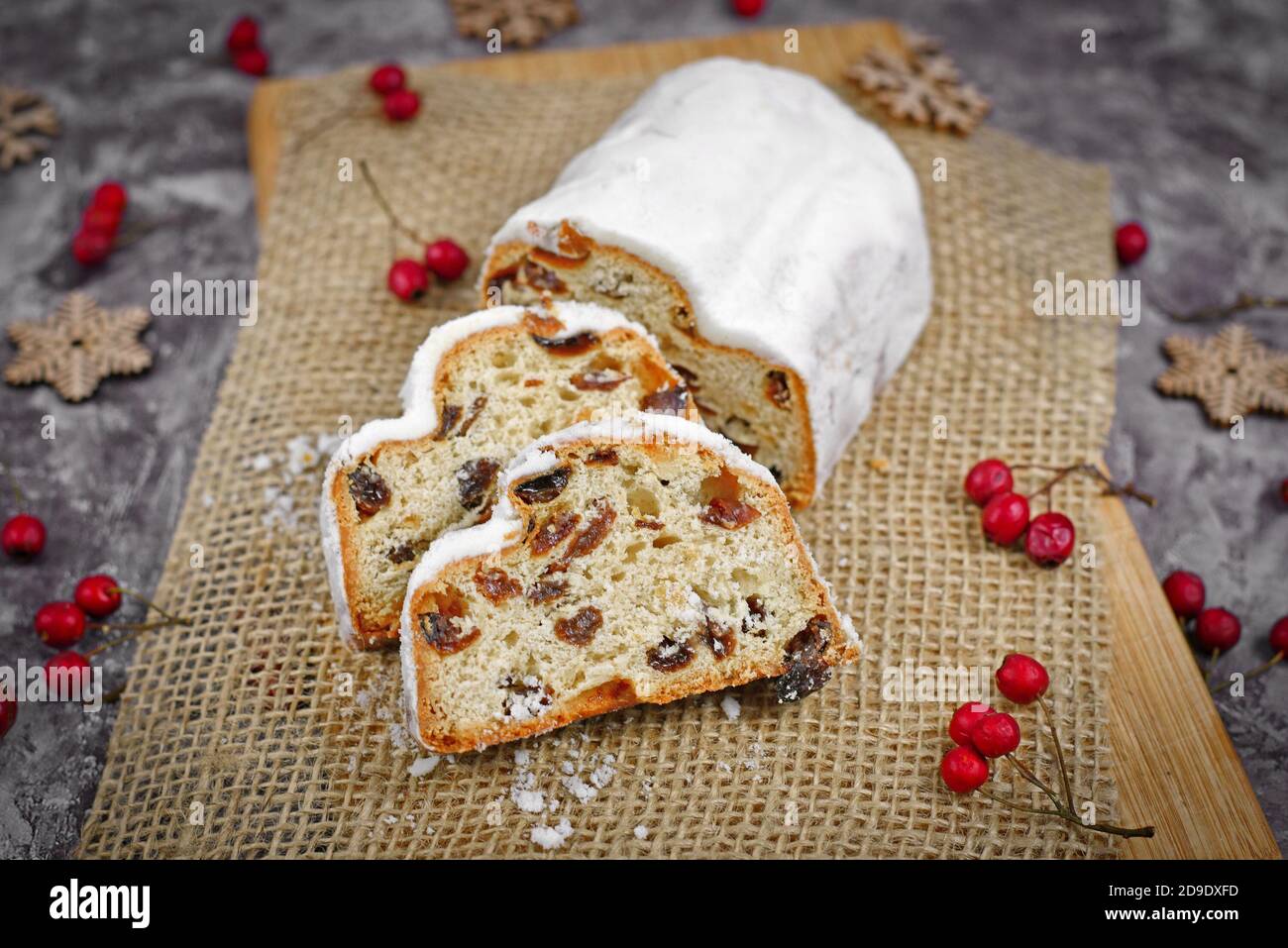 frill champion Fiasko Slices of traditional German christmas season sweet food called 'Stollen'  or 'Christstollen', a fruit bread of nuts, spices, and dried or candied  frui Stock Photo - Alamy