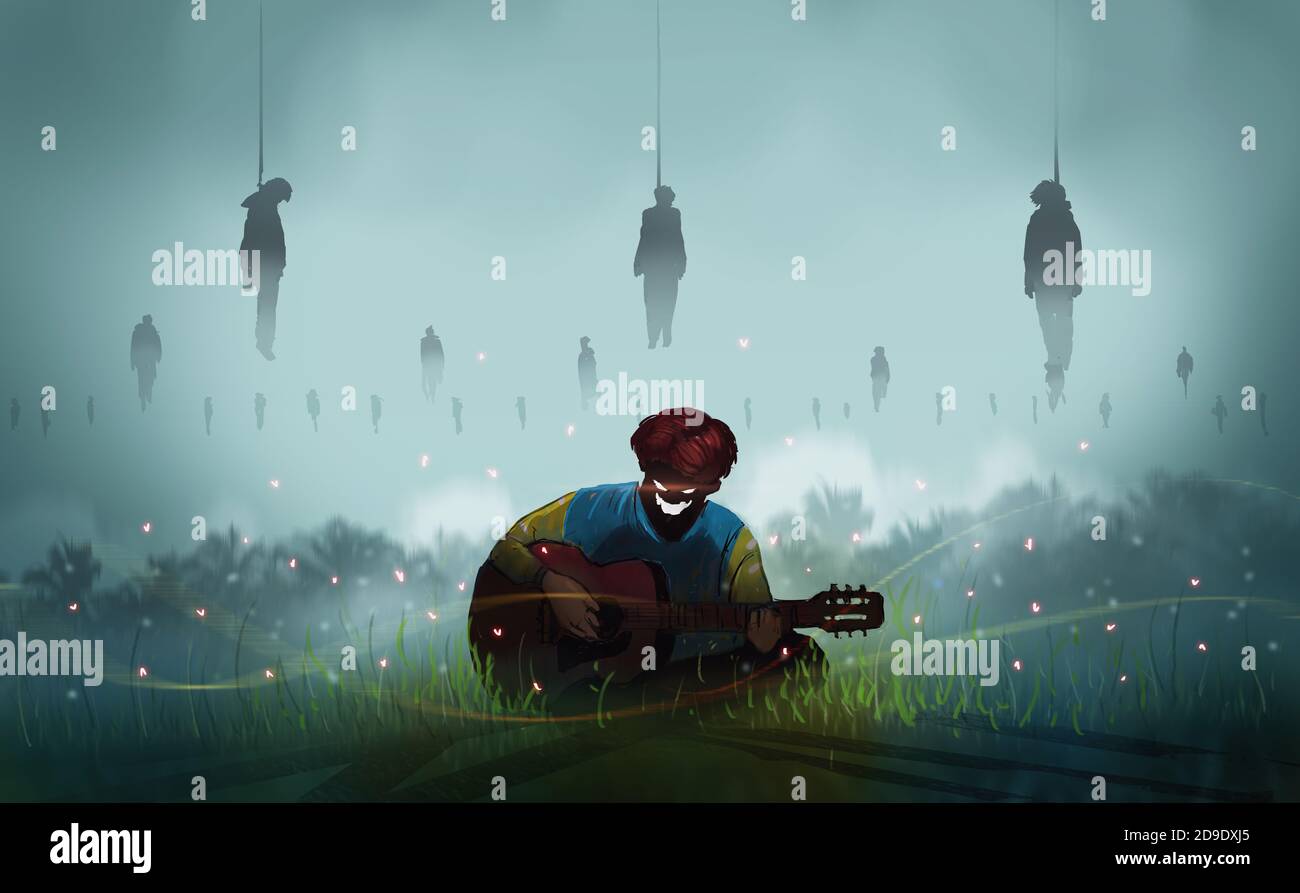 Digital illustration painting design style a devil playing classic guitar and sitting on the meadow, among firefly and hanging corpse, nightmare. Stock Photo