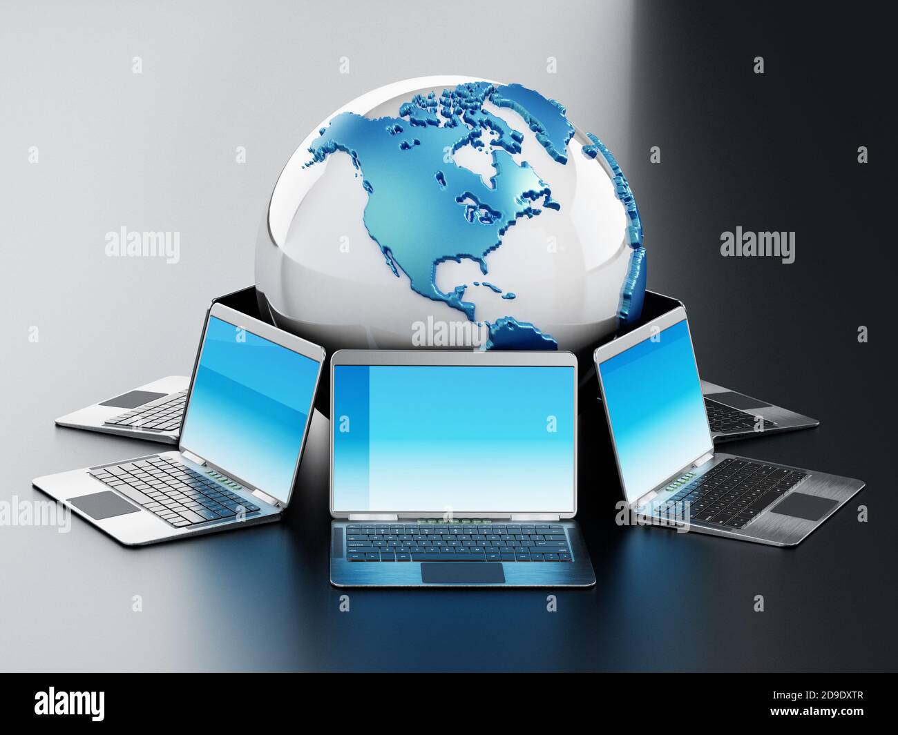 Laptop computers standing around the globe. 3D illustration Stock Photo ...