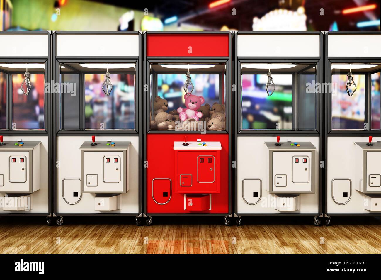 Red box stands out among toys vending machines with crane. 3D illustration. Stock Photo